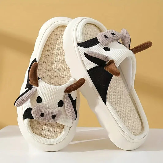 Pantuflas Cómodas Punta Abierta, Antideslizante, Diseño de Vaca de Felpa